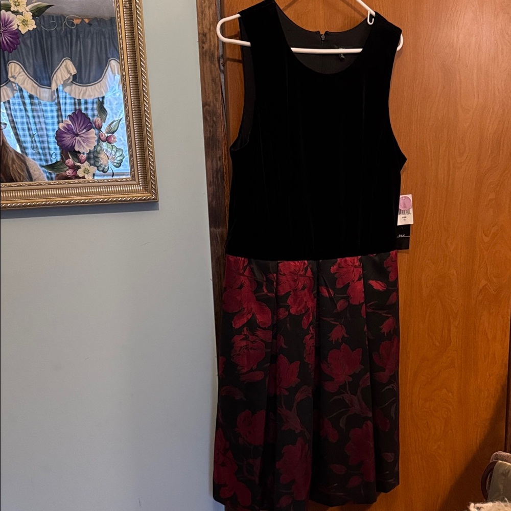 R&K Black Velvet Top with Red Floral Skirt Midi Dress